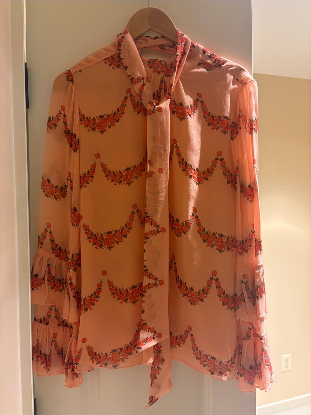 New with Tags beautiful Peach Floral Tie-Neck Blouse - Women